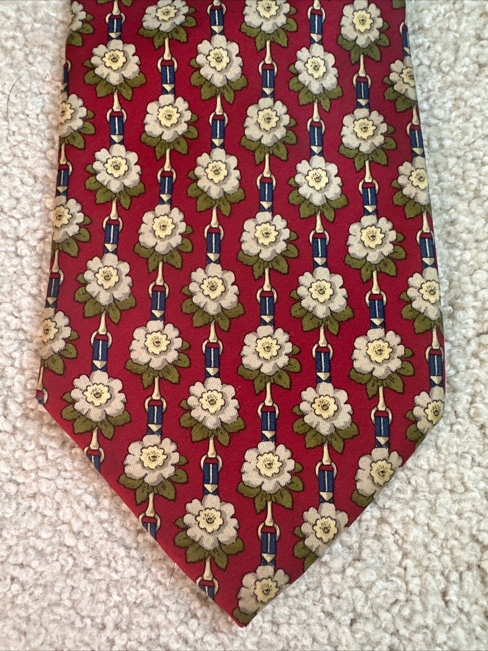 Fendi Red Floral Pattern Silk Tie with Green and Blue Accents